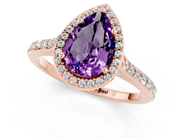 Rose gold Pear Cut Amethyst Halo Engagement Ring with Round Pavé Shoulders and Prong Setting
