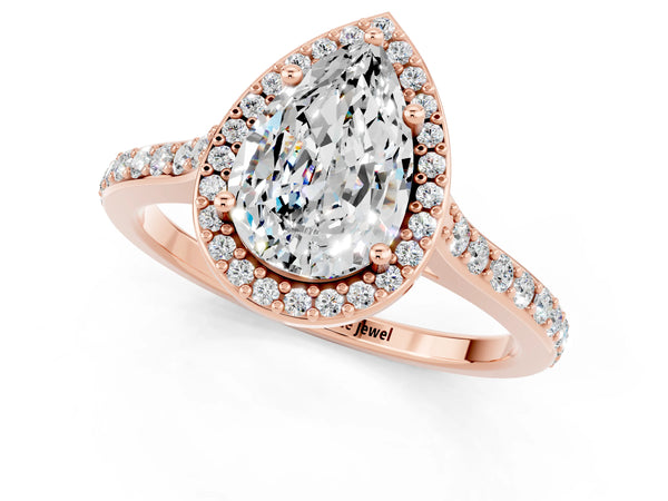 Rose gold Pear Cut Moissanite Halo Engagement Ring with Round Pavé Shoulders and Prong Setting
