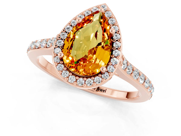 Rose gold Pear Cut Citrine Halo Engagement Ring with Round Pavé Shoulders and Prong Setting