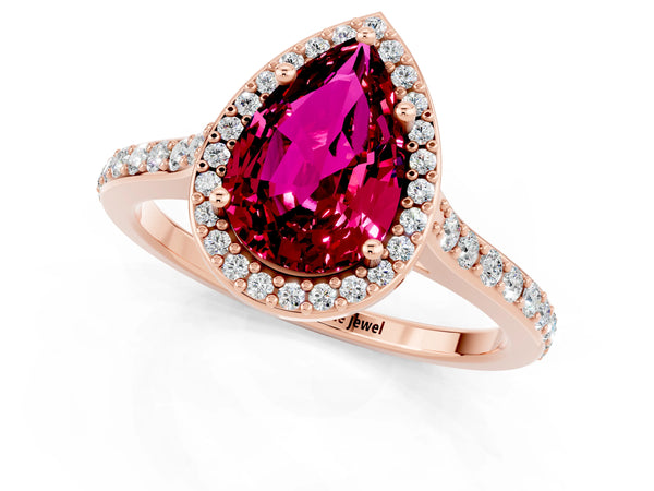 Rose gold Pear Cut Garnet Halo Engagement Ring with Round Pavé Shoulders and Prong Setting