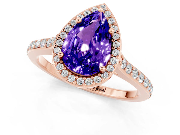 Rose gold Pear Cut Tanzanite Halo Engagement Ring with Round Pavé Shoulders and Prong Setting