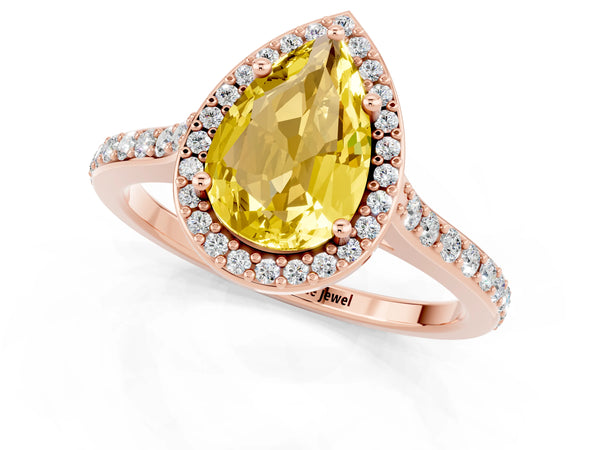Rose gold Pear Cut Yellow Sapphire Halo Engagement Ring with Round Pavé Shoulders and Prong Setting