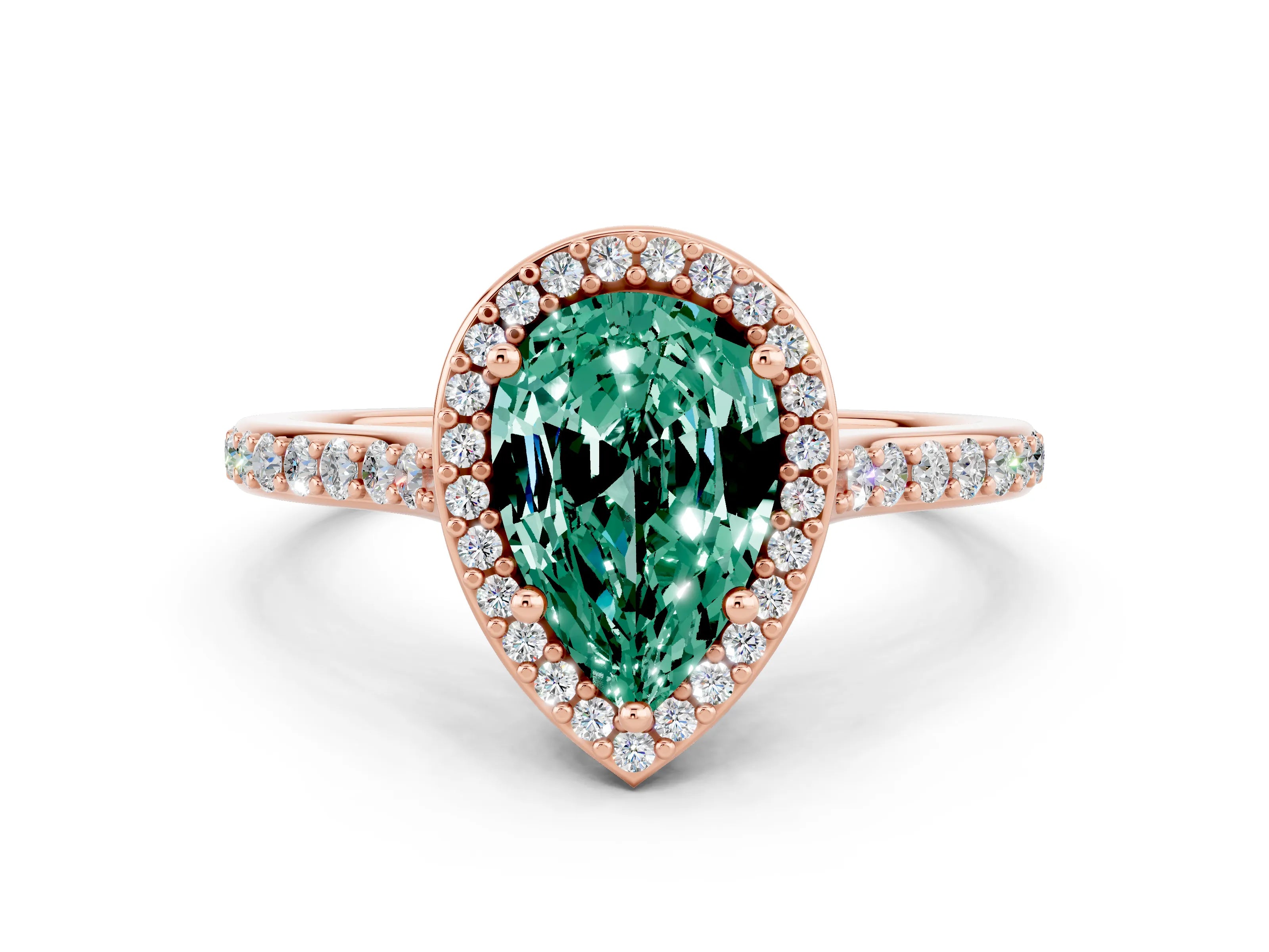 Rose gold Pear Cut Halo Round Diamond Pavé Band with Four-Prong Setting