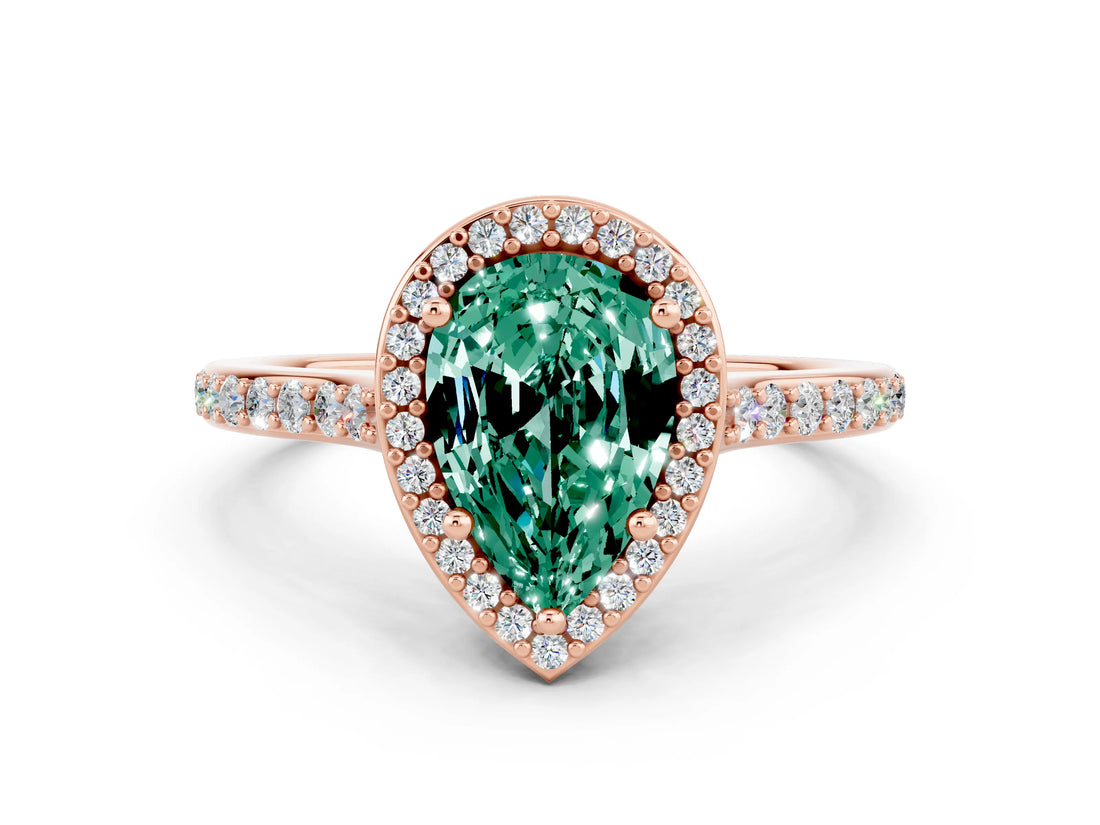 Rose gold Pear Cut Halo Round Diamond Pavé Band with Four-Prong Setting