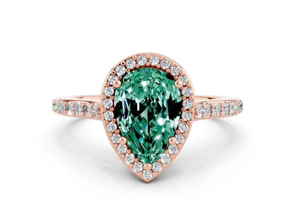 Rose gold Pear Cut Green Sapphire Halo Engagement Ring with Round Pavé Shoulders and Prong Setting