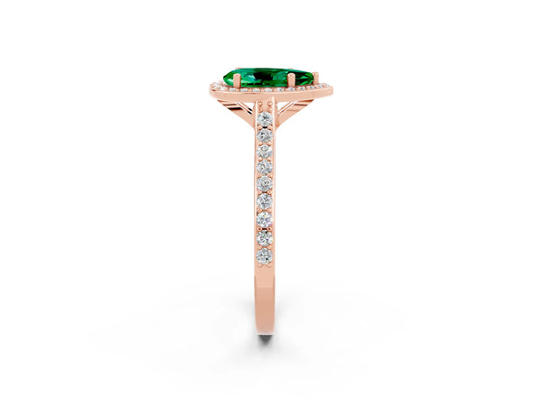 Rose gold Pear Cut Emerald Halo Engagement Ring with Round Pavé Shoulders and Prong Setting