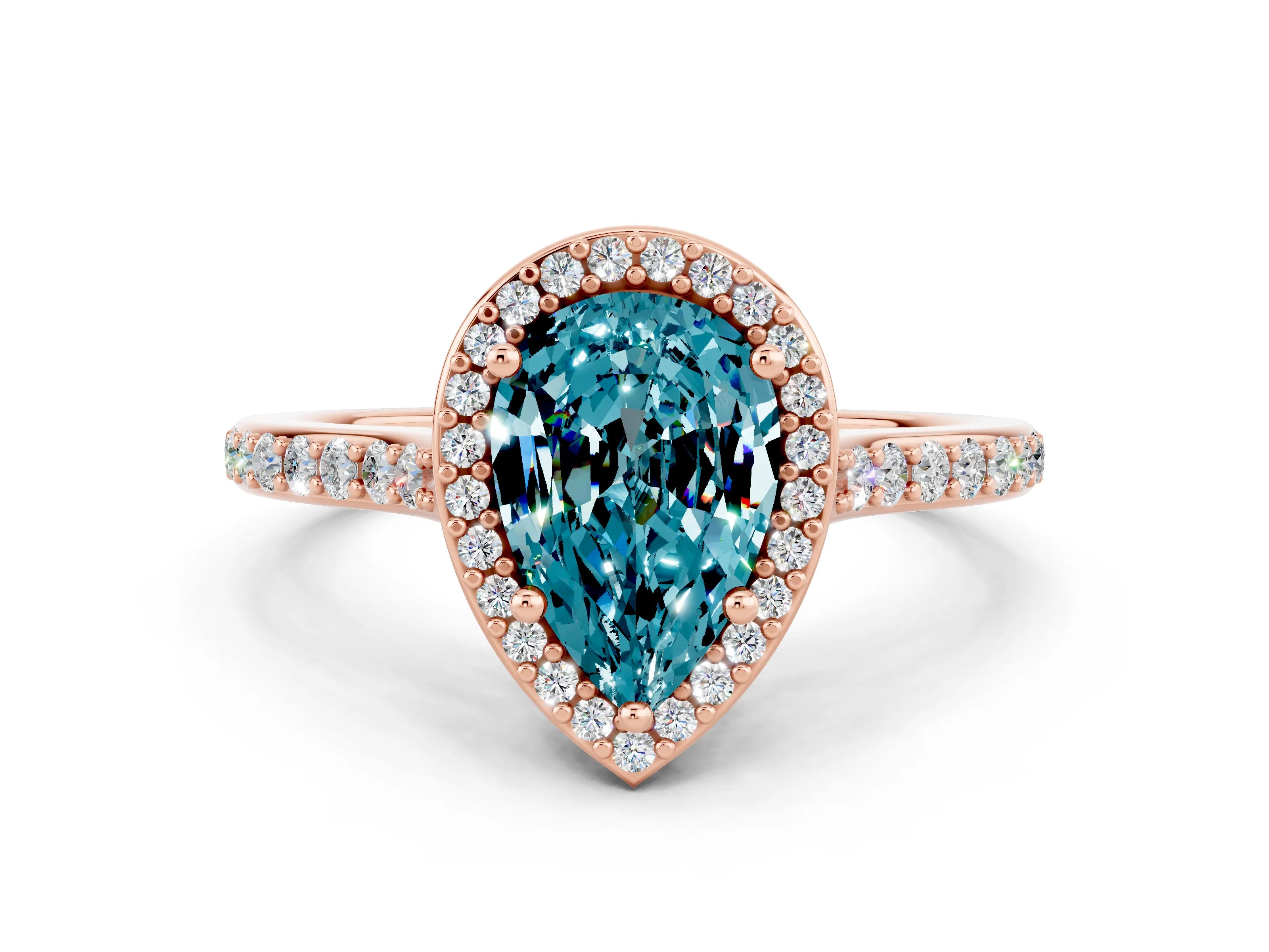 Rose gold Pear Cut Halo Round Diamond Pavé Band with Four-Prong Setting