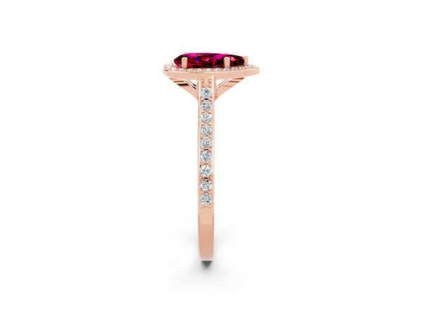 Rose gold Pear Cut Garnet Halo Engagement Ring with Round Pavé Shoulders and Prong Setting