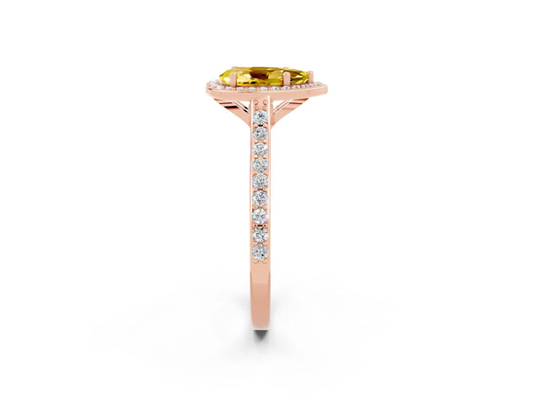 Rose gold Pear Cut Yellow Sapphire Halo Engagement Ring with Round Pavé Shoulders and Prong Setting