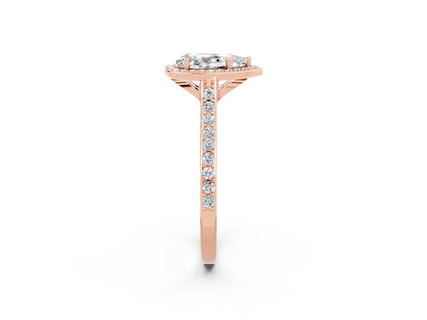 Rose gold Pear Cut Moissanite Halo Engagement Ring with Round Pavé Shoulders and Prong Setting
