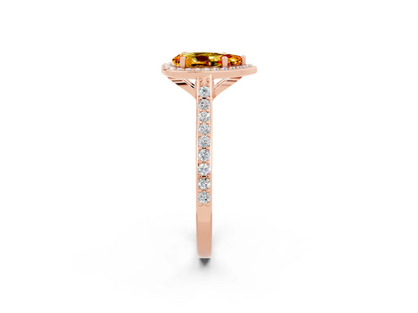 Rose gold Pear Cut Citrine Halo Engagement Ring with Round Pavé Shoulders and Prong Setting