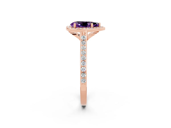Rose gold Pear Cut Amethyst Halo Engagement Ring with Round Pavé Shoulders and Prong Setting
