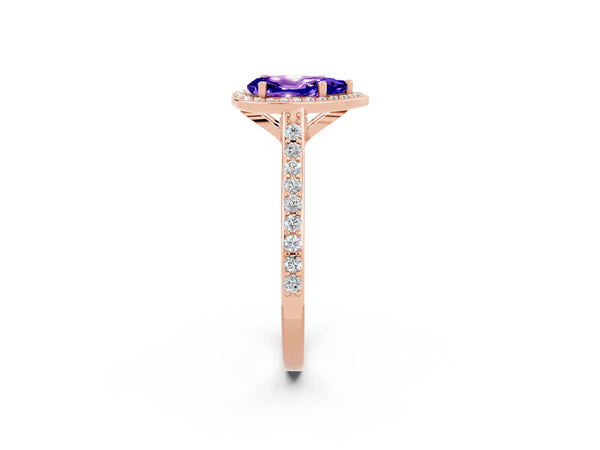 Rose gold Pear Cut Tanzanite Halo Engagement Ring with Round Pavé Shoulders and Prong Setting