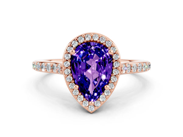 Rose gold Pear Cut Tanzanite Halo Engagement Ring with Round Pavé Shoulders and Prong Setting