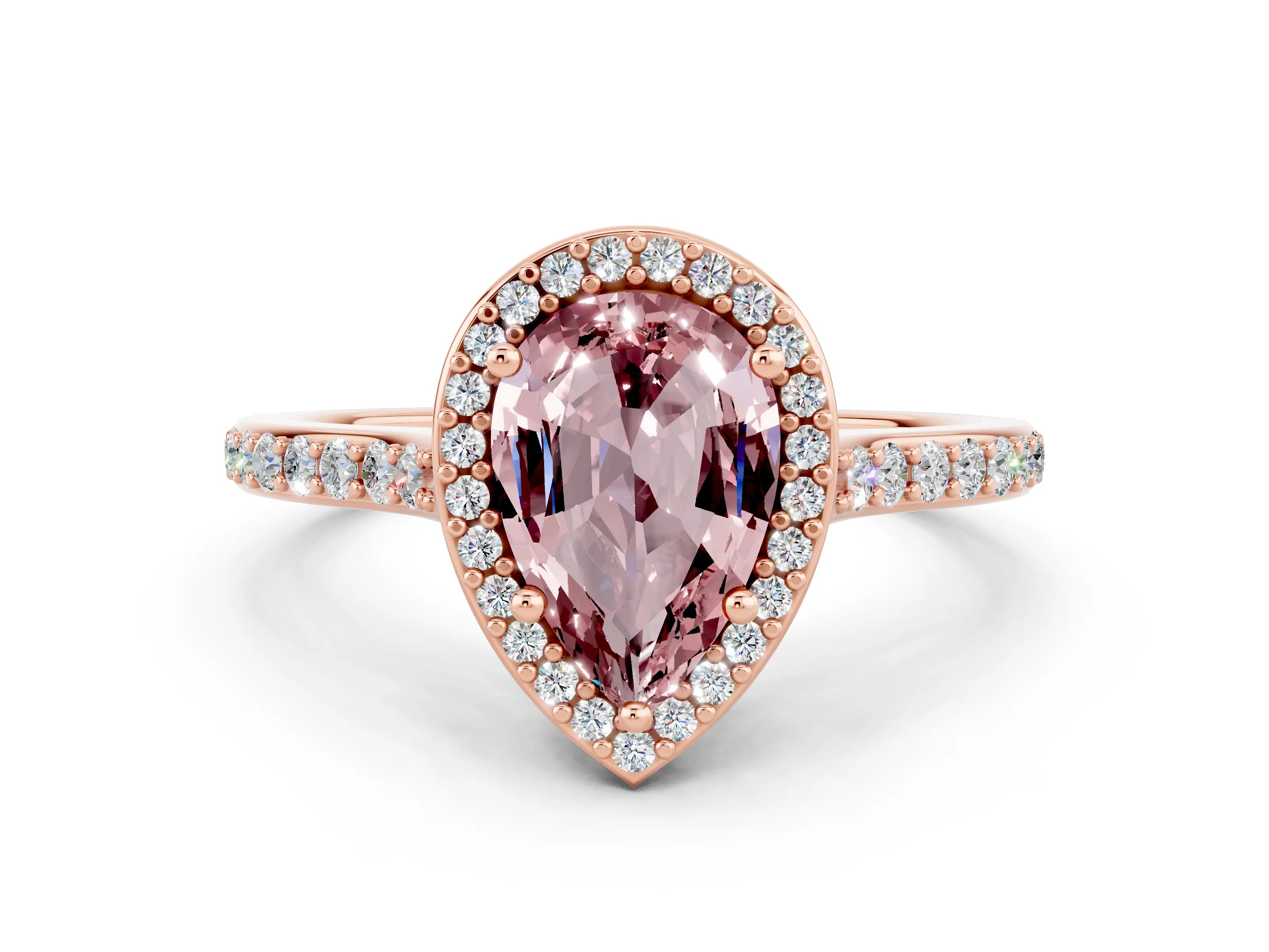 Rose gold Pear Cut Halo Round Diamond Pavé Band with Four-Prong Setting