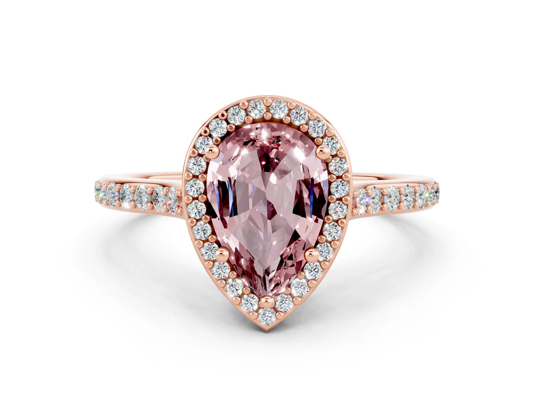 Rose gold Pear Cut Halo Round Diamond Pavé Band with Four-Prong Setting