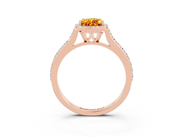 Rose gold Pear Cut Citrine Halo Engagement Ring with Round Pavé Shoulders and Prong Setting