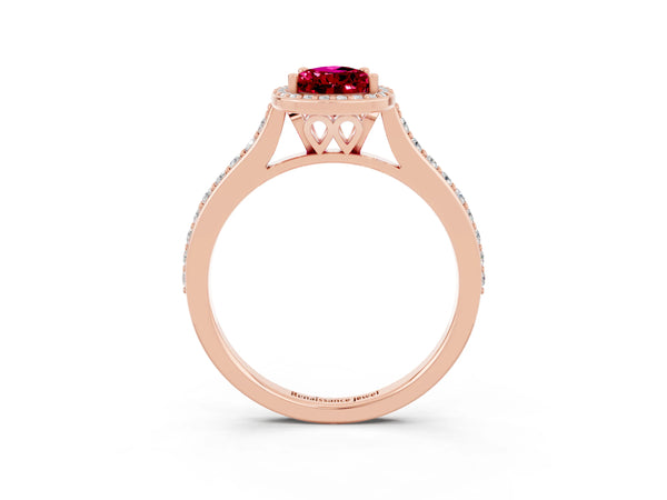 Rose gold Pear Cut Garnet Halo Engagement Ring with Round Pavé Shoulders and Prong Setting