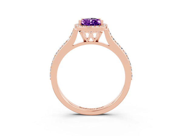 Rose gold Pear Cut Amethyst Halo Engagement Ring with Round Pavé Shoulders and Prong Setting