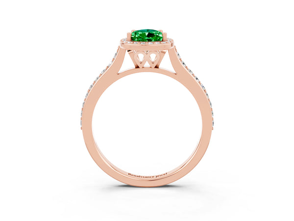 Rose gold Pear Cut Emerald Halo Engagement Ring with Round Pavé Shoulders and Prong Setting