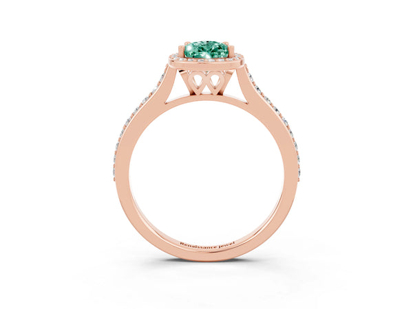 Rose gold Pear Cut Green Sapphire Halo Engagement Ring with Round Pavé Shoulders and Prong Setting