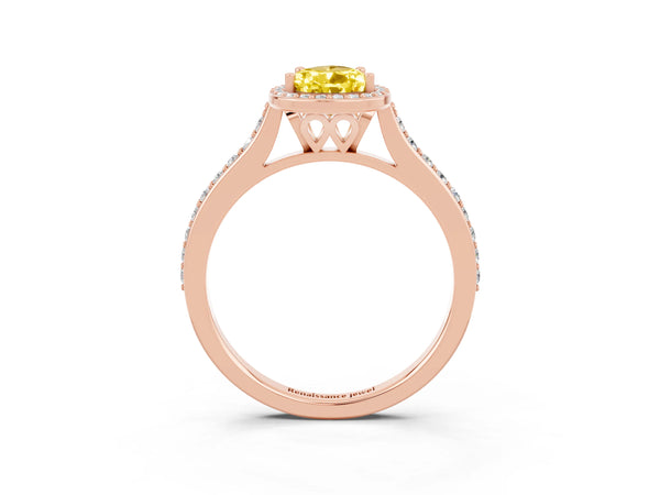 Rose gold Pear Cut Yellow Sapphire Halo Engagement Ring with Round Pavé Shoulders and Prong Setting