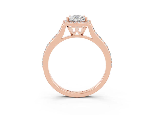 Rose gold Pear Cut Moissanite Halo Engagement Ring with Round Pavé Shoulders and Prong Setting