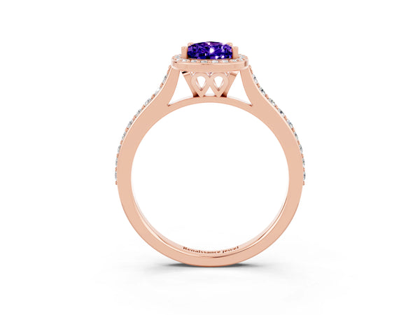 Rose gold Pear Cut Tanzanite Halo Engagement Ring with Round Pavé Shoulders and Prong Setting