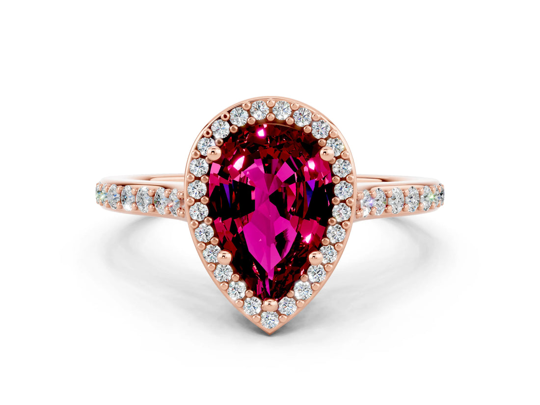 Rose gold Pear Cut Halo Round Diamond Pavé Band with Four-Prong Setting