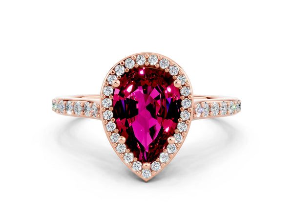 Rose gold Pear Cut Garnet Halo Engagement Ring with Round Pavé Shoulders and Prong Setting