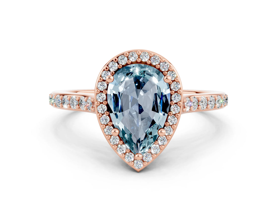 Rose gold Pear Cut Halo Round Diamond Pavé Band with Four-Prong Setting