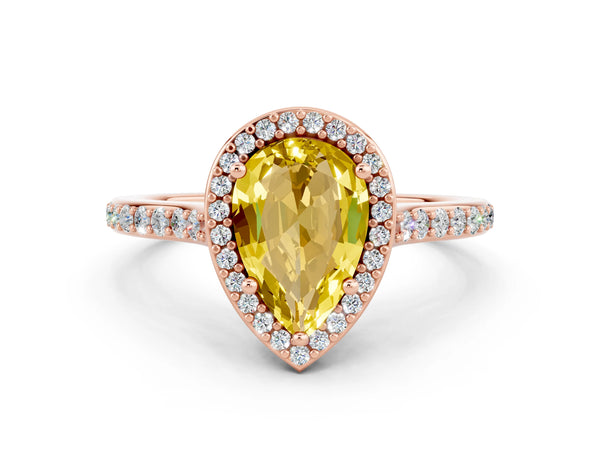 Rose gold Pear Cut Yellow Sapphire Halo Engagement Ring with Round Pavé Shoulders and Prong Setting