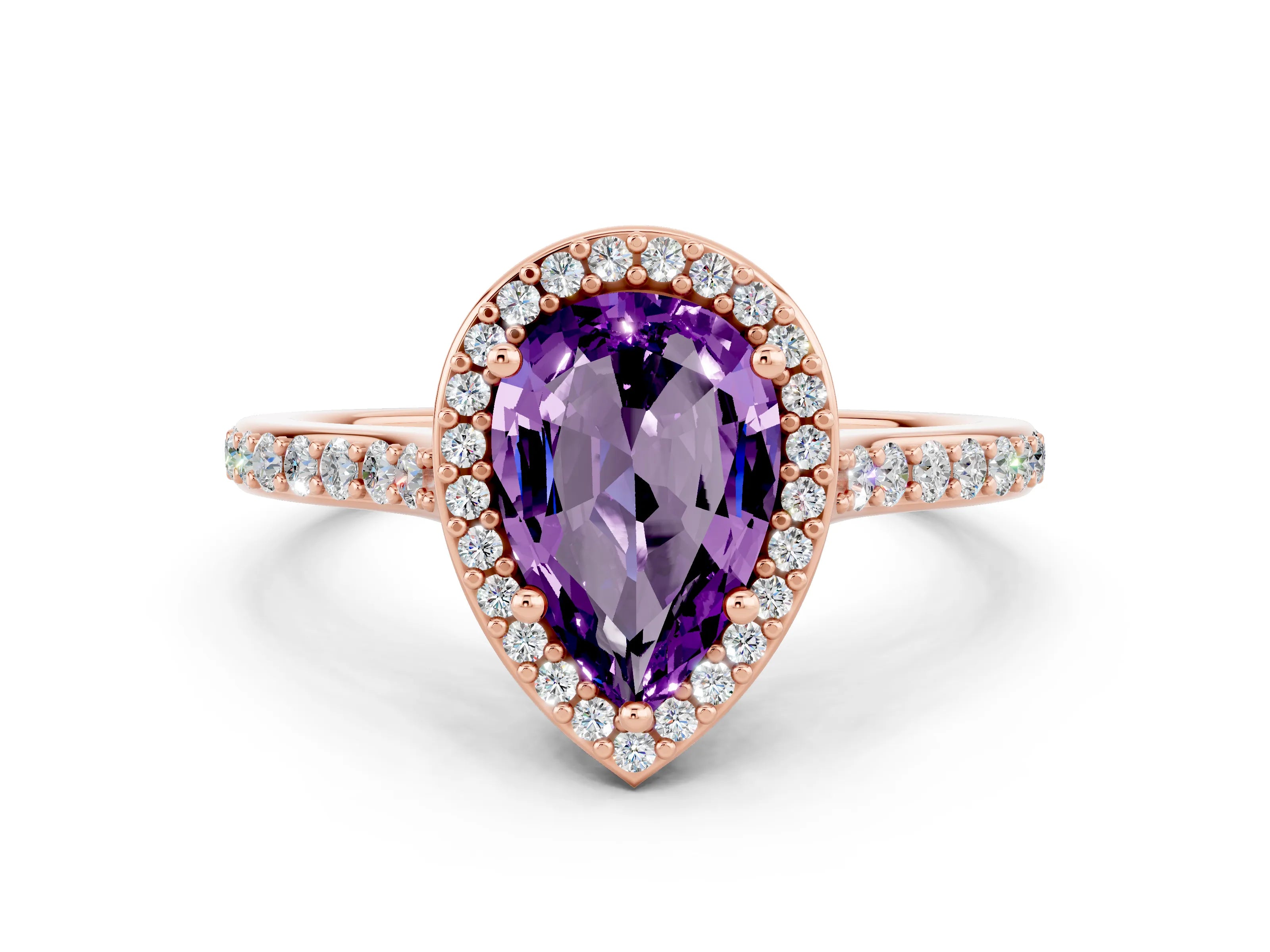 Rose gold Pear Cut Halo Round Diamond Pavé Band with Four-Prong Setting