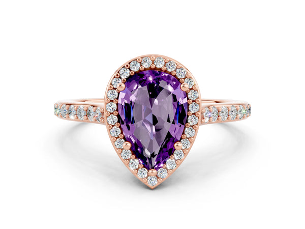 Rose gold Pear Cut Amethyst Halo Engagement Ring with Round Pavé Shoulders and Prong Setting