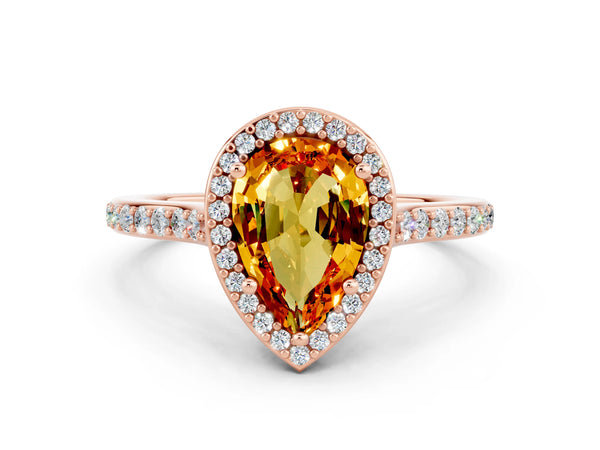 Rose gold Pear Cut Citrine Halo Engagement Ring with Round Pavé Shoulders and Prong Setting