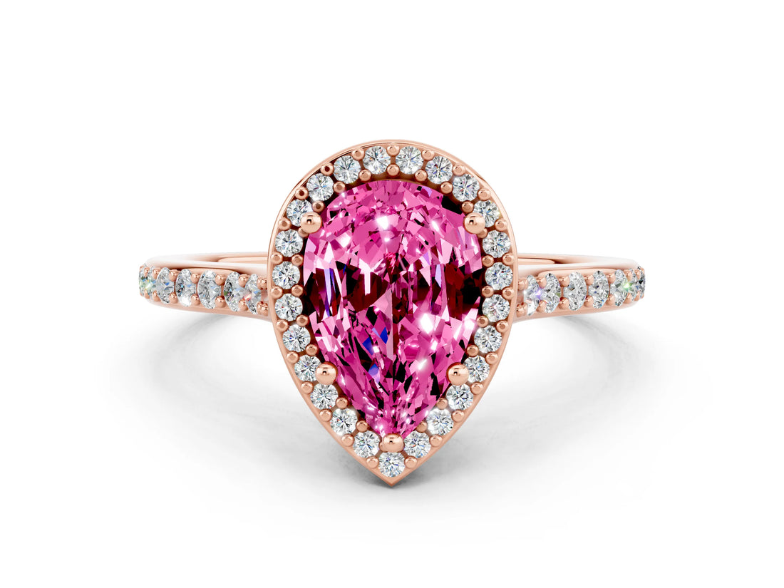 Rose gold Pear Cut Halo Round Diamond Pavé Band with Four-Prong Setting