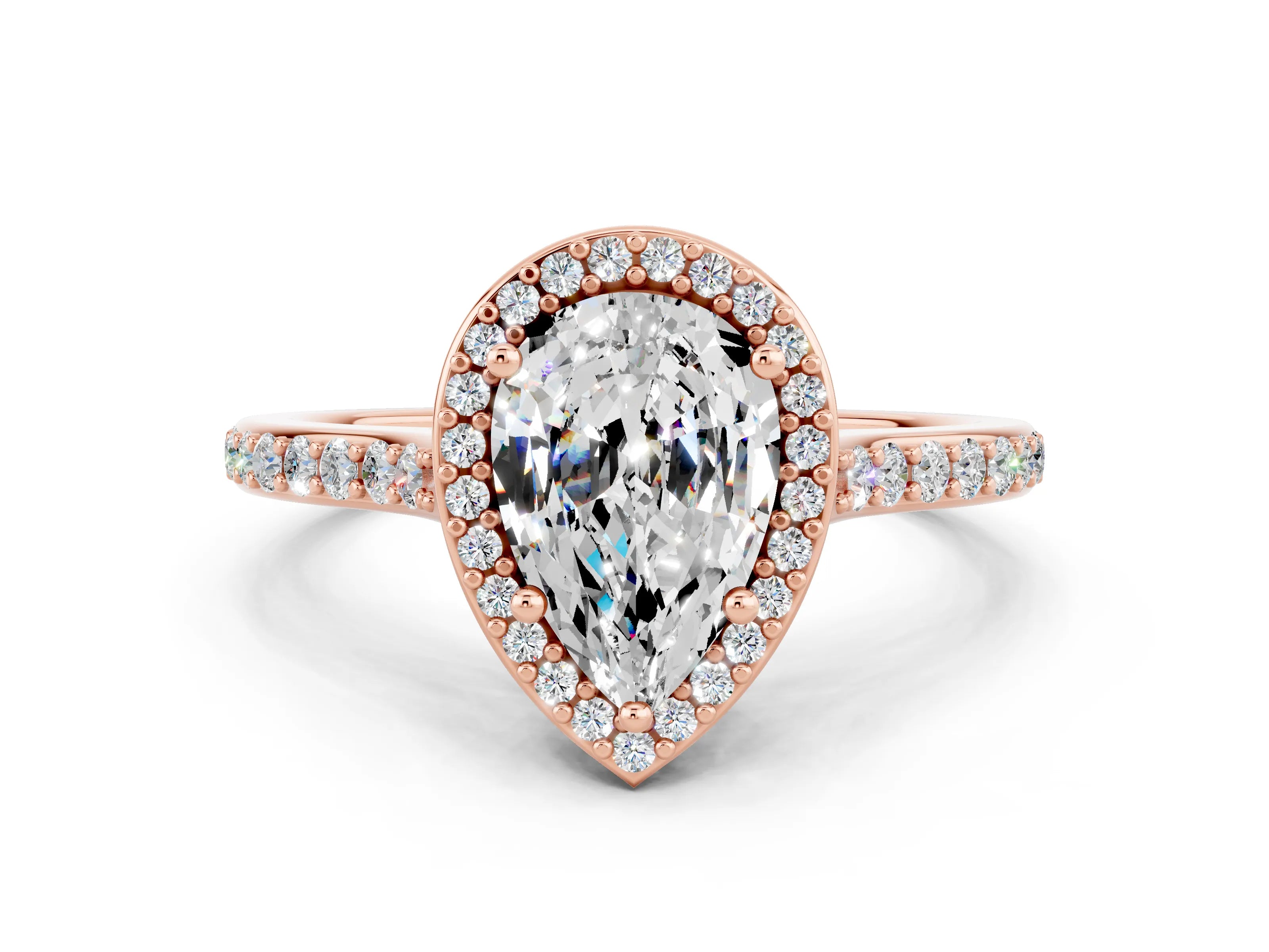 Rose gold Pear Cut Halo Round Diamond Pavé Band with Four-Prong Setting