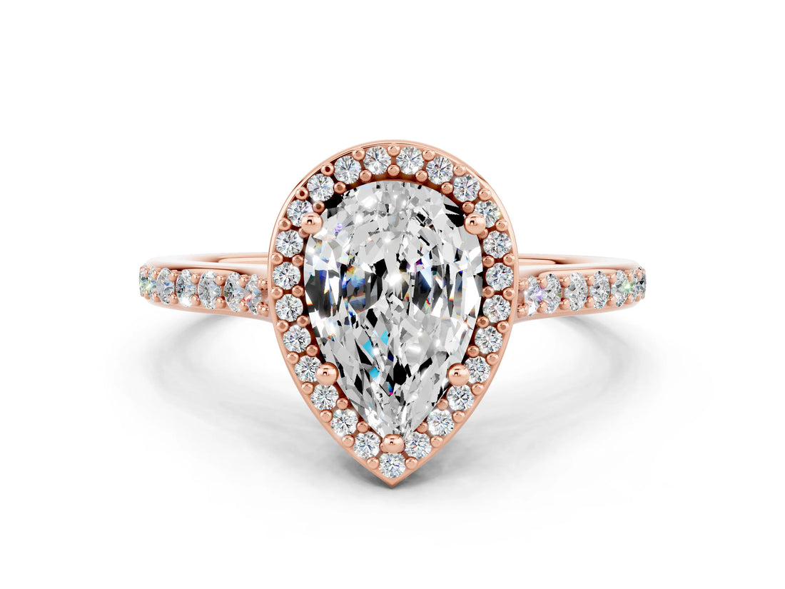 Rose gold Pear Cut Halo Round Diamond Pavé Band with Four-Prong Setting