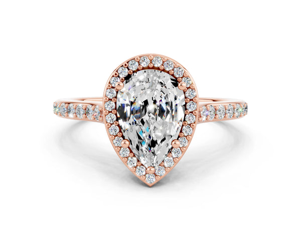 Rose gold Pear Cut Moissanite Halo Engagement Ring with Round Pavé Shoulders and Prong Setting