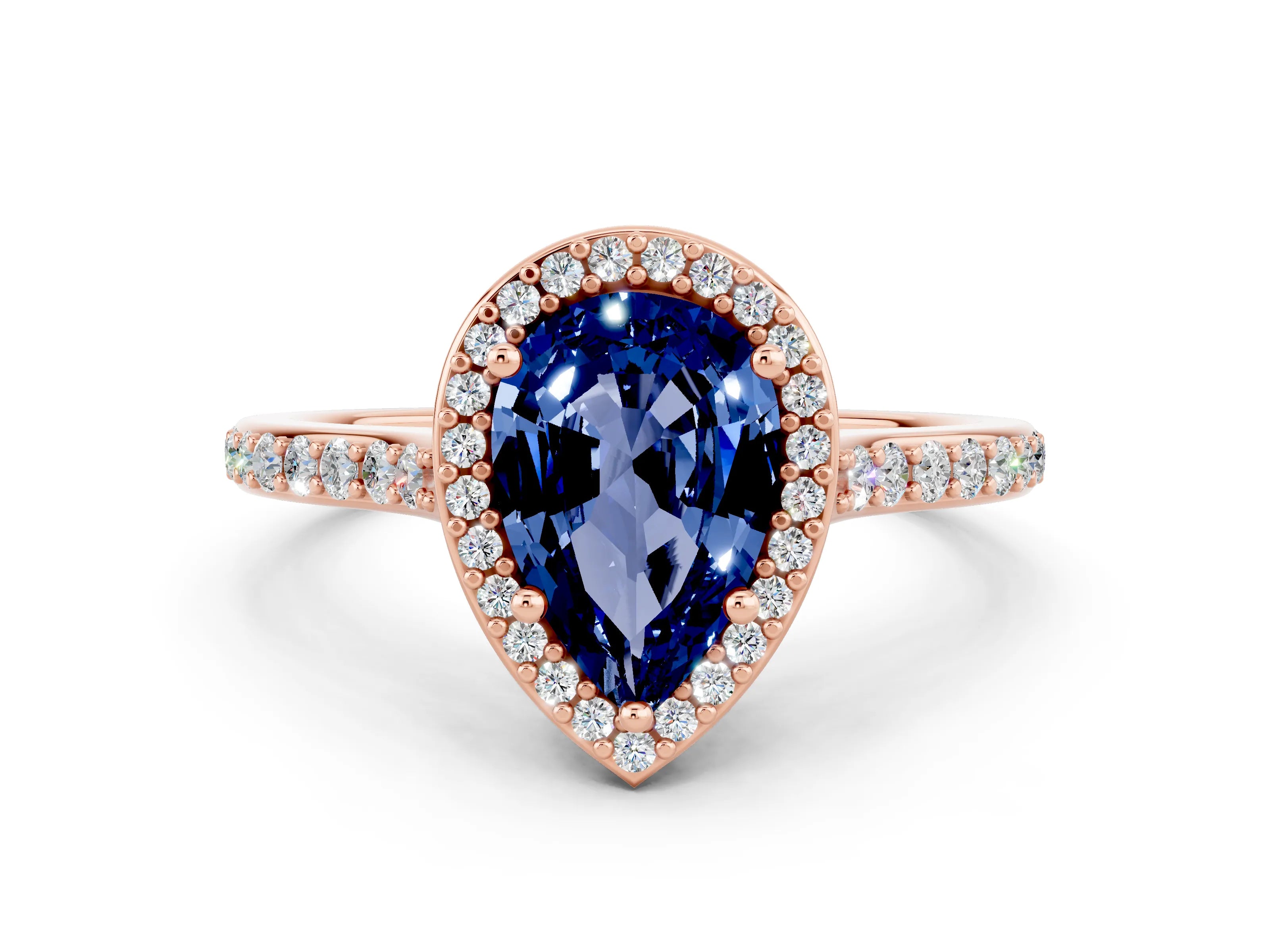 Rose gold Pear Cut Halo Round Diamond Pavé Band with Four-Prong Setting