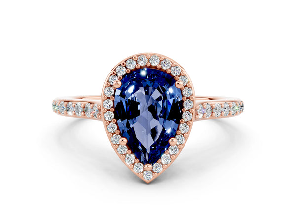 Rose gold Pear Cut Blue Sapphire Halo Engagement Ring with Round Pavé Shoulders and Prong Setting