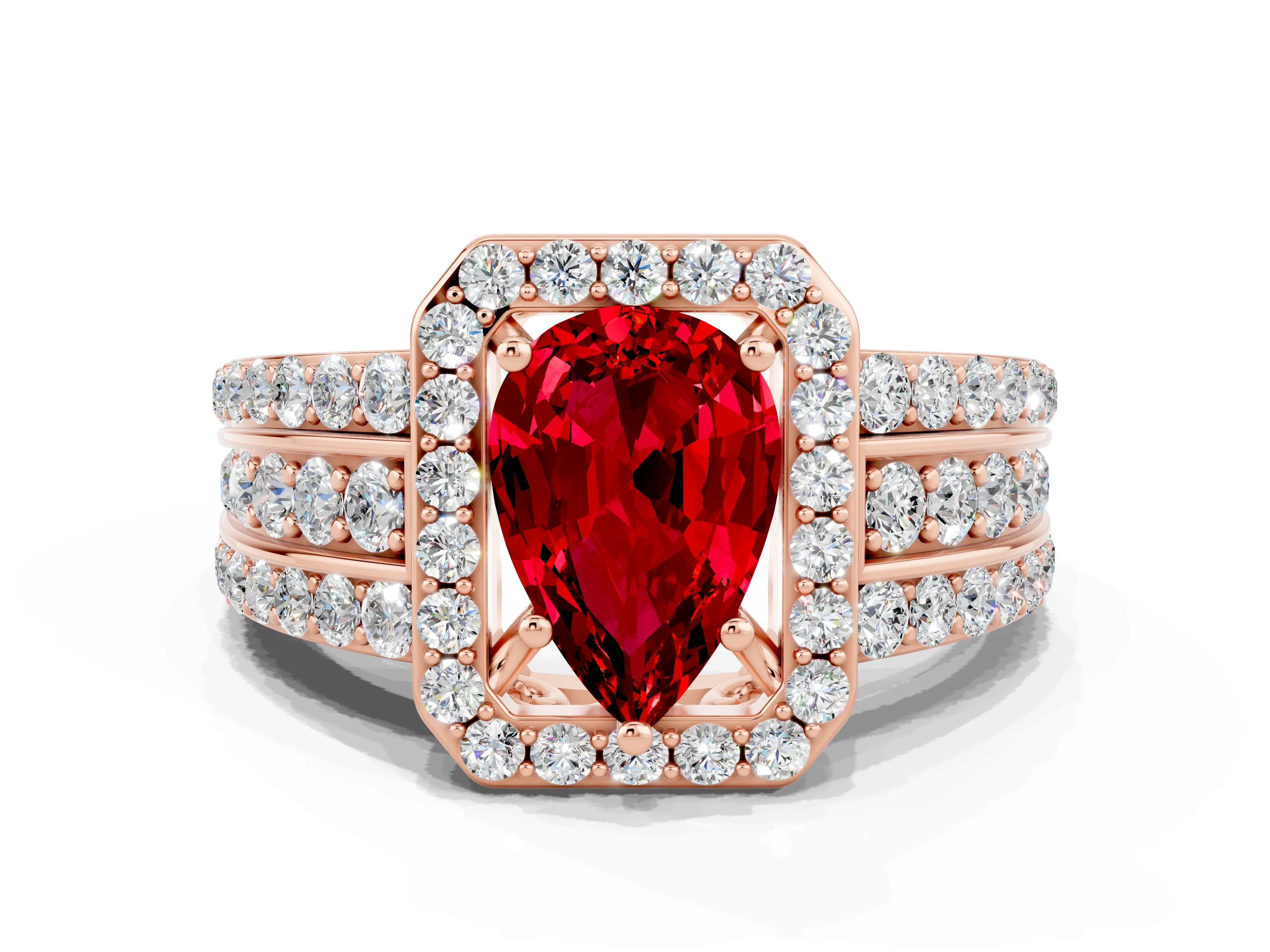 Rose gold Pear Cut Halo Ruby Ring with Split Shank and Four-Prong Setting