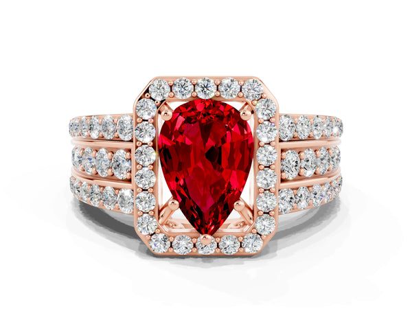 Rose gold Pear Cut Halo Ruby Ring with Round  Split Shank and Prong Setting