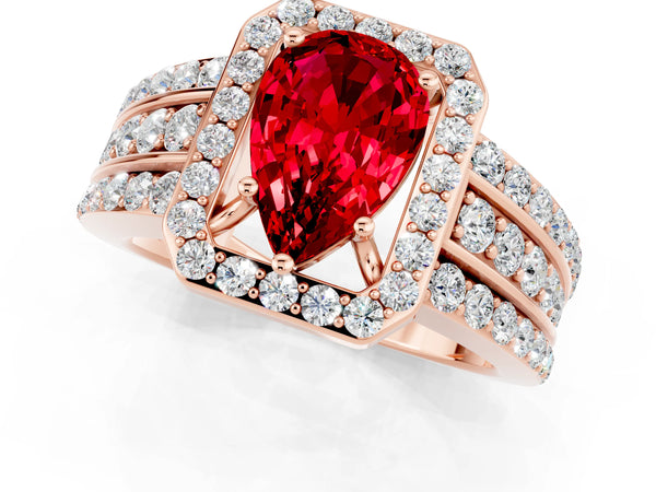 Rose gold Pear Cut Halo Ruby Ring with Round  Split Shank and Prong Setting