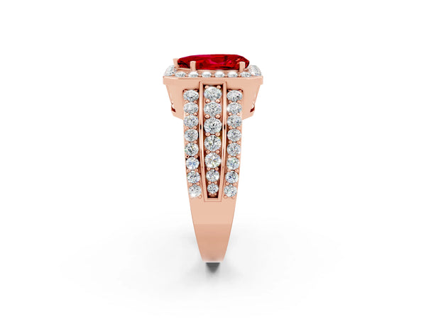 Rose gold Pear Cut Halo Ruby Ring with Round  Split Shank and Prong Setting