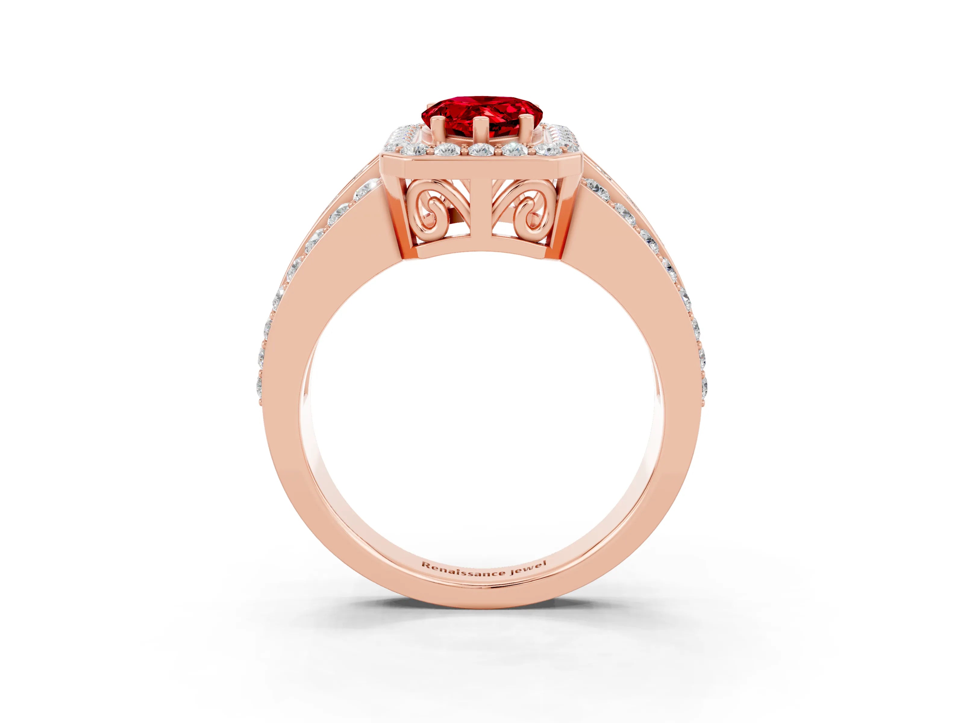 Rose gold Pear Cut Halo Ruby Ring with Split Shank and Four-Prong Setting_3