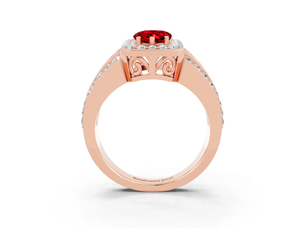 Rose gold Pear Cut Halo Ruby Ring with Round  Split Shank and Prong Setting