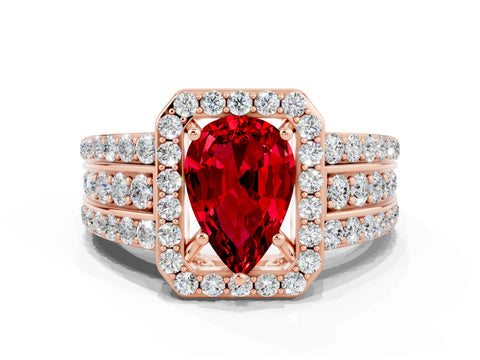 Rose gold Pear Cut Halo Ruby Ring with Split Shank and Four-Prong Setting