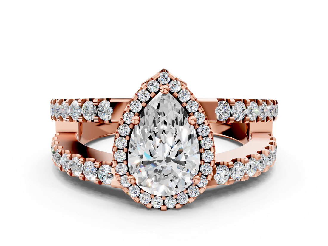 Rose gold Pear Cut Halo Split Shank Diamond Ring with Four-Prong Setting_64