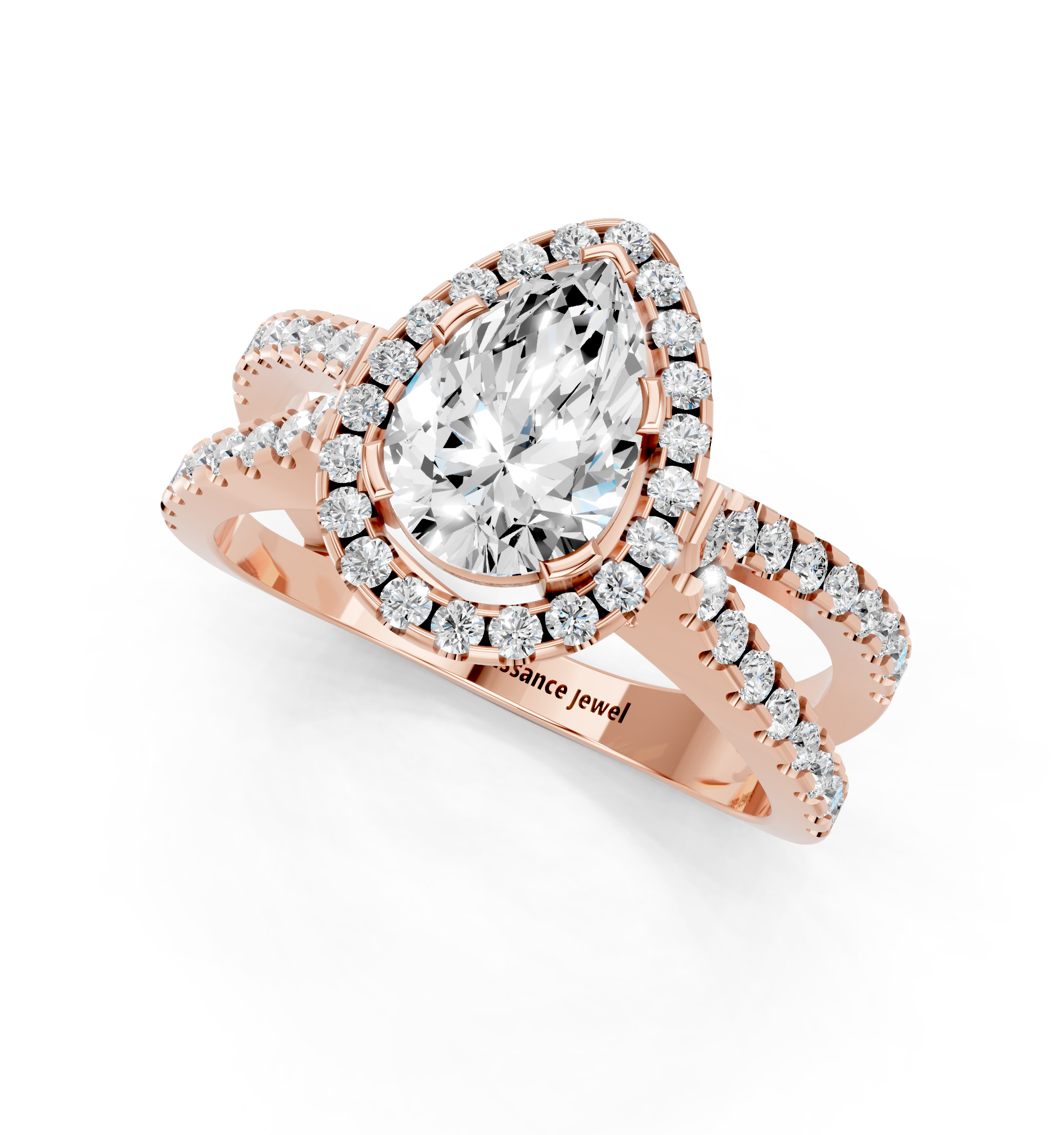 Rose gold Pear Cut Halo Split Shank Pave Set Ring_24
